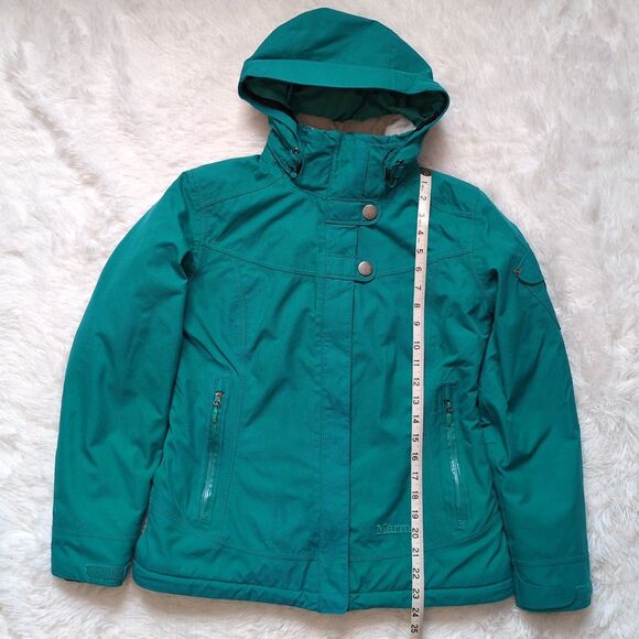 Marmot Portillo Insulated Jacket Blue Green Teal Hooded Snap Coat Women's Small - Picture 11 of 16